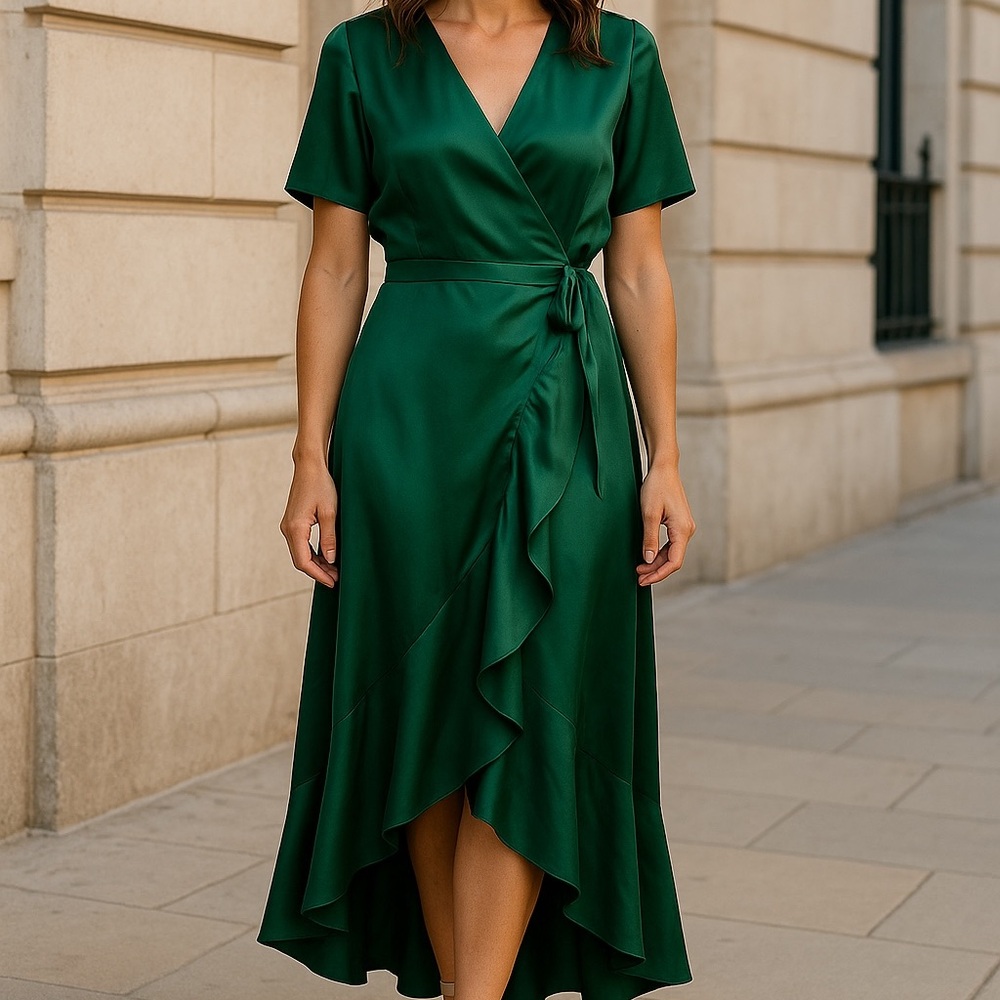 Woman's Waterfall Ruffle‎ Emerald Green Tie Wrap Split Sleeves Dress